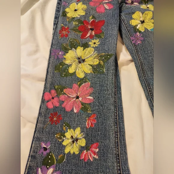 Express Denim Jeans with Painted Vibrant Floral And Beaded Design - Picture 7 of 8